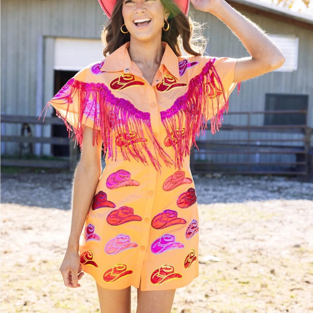 Queen Of Sparkles Orange Cowboy Hat Fringe Dress Small New